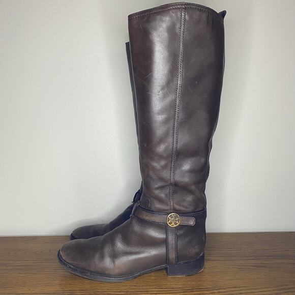 Tory Burch Bristol Brown Coconut Leather Gold Reva Tall Harness Riding Boots 10M - Picture 4 of 7